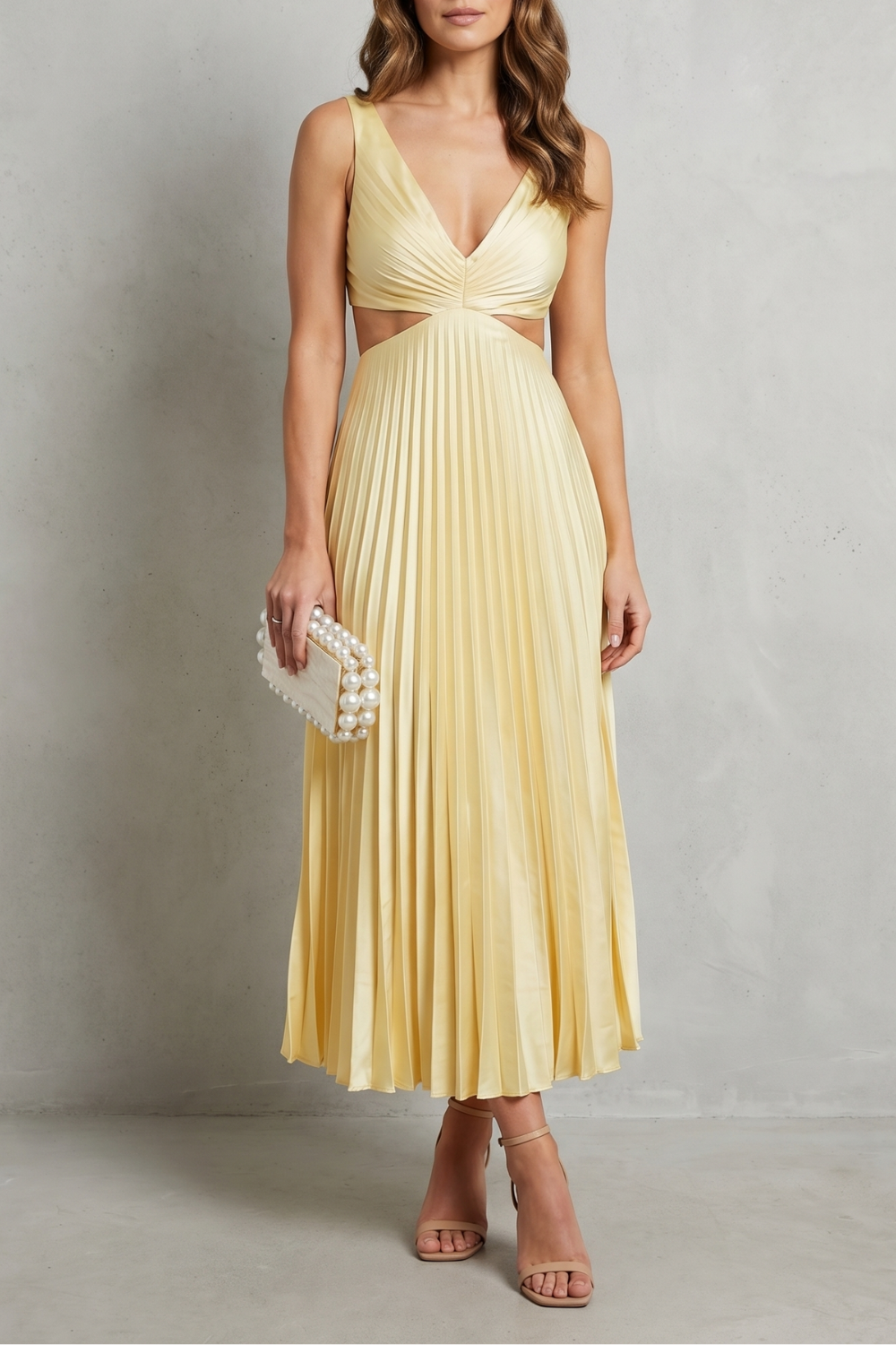 gold pleated midi dress Elodienne – waist elegance – Maxi Liza pleated maxi dress