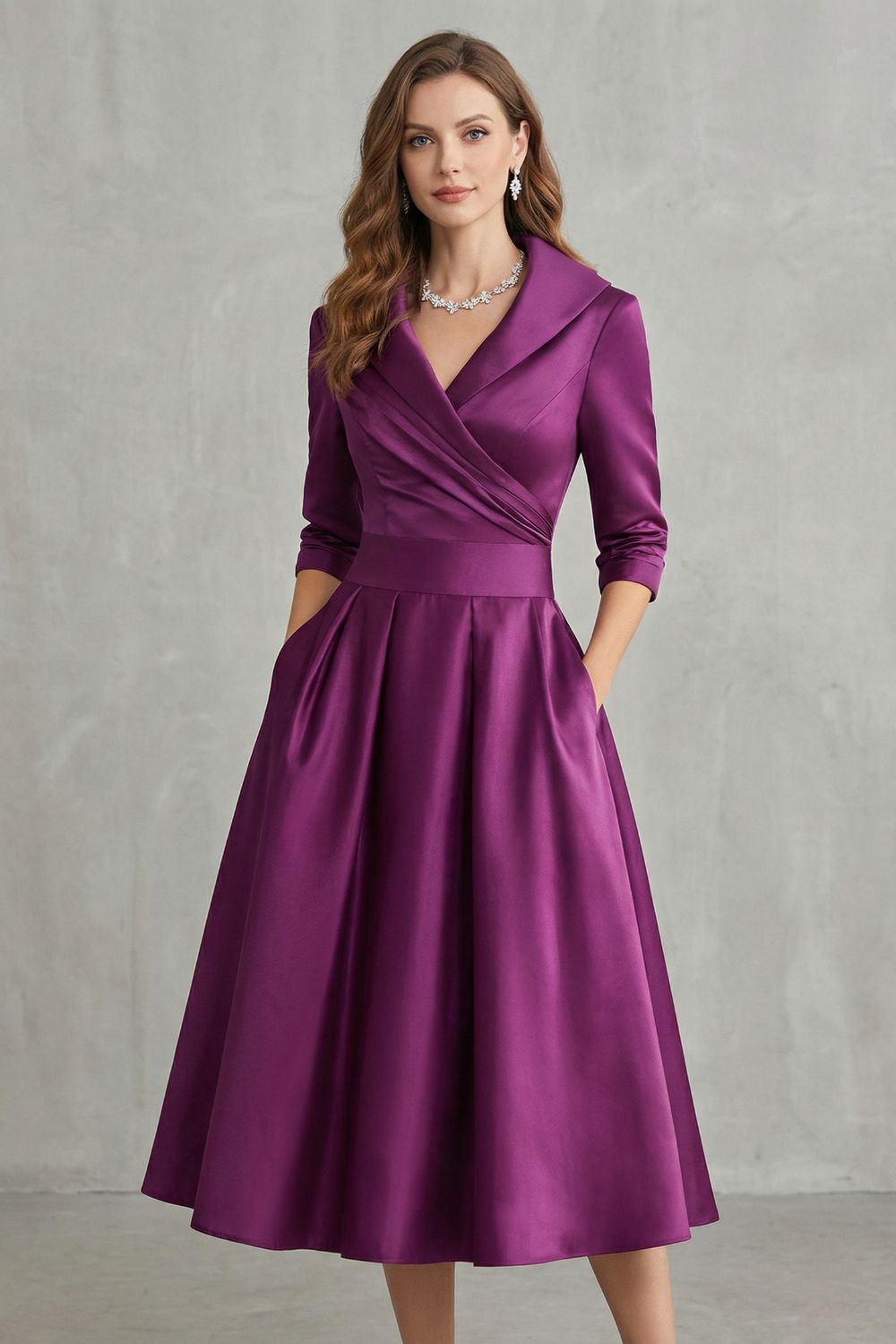 vintage inspired satin midi dress with draped collar Retro Stage Solid Deep V-Neck Twisted deliberately included make this a womens occasion midi dress that wears as well as it looks Draped Collar A-Line Midi Dress,
