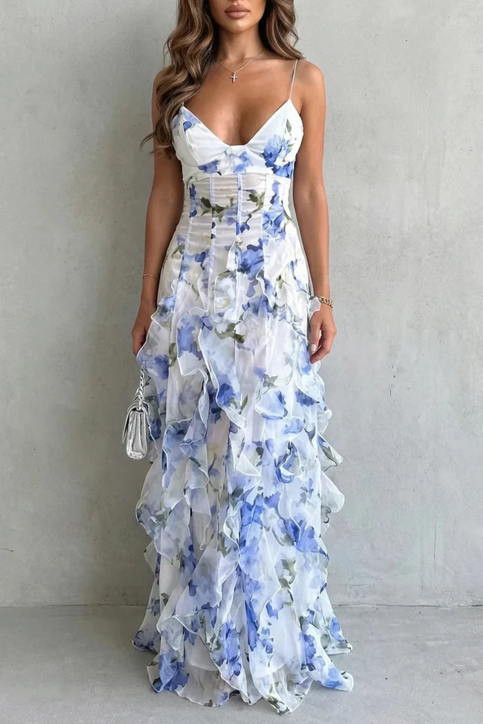 Sestina – Sheer floral cascade – Ruffled evening maxi dress