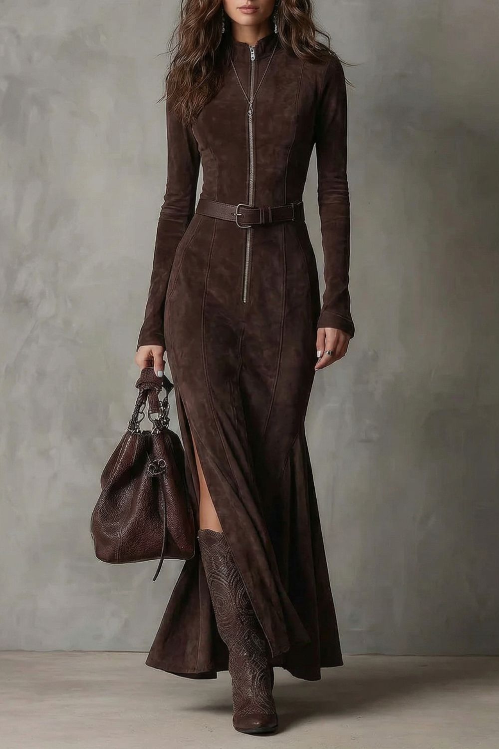 Raviona – Belted suede style – Maxi zip dress（Includes belt）