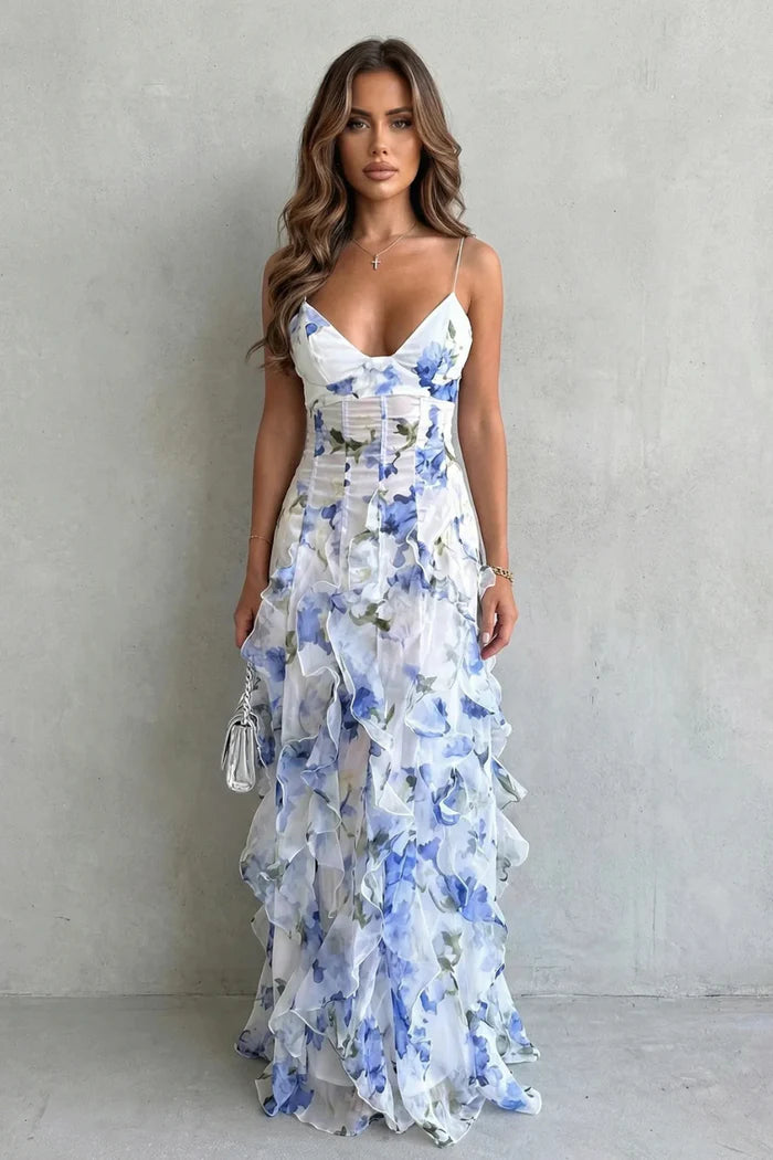 Sestina – Sheer floral cascade – Ruffled evening maxi dress