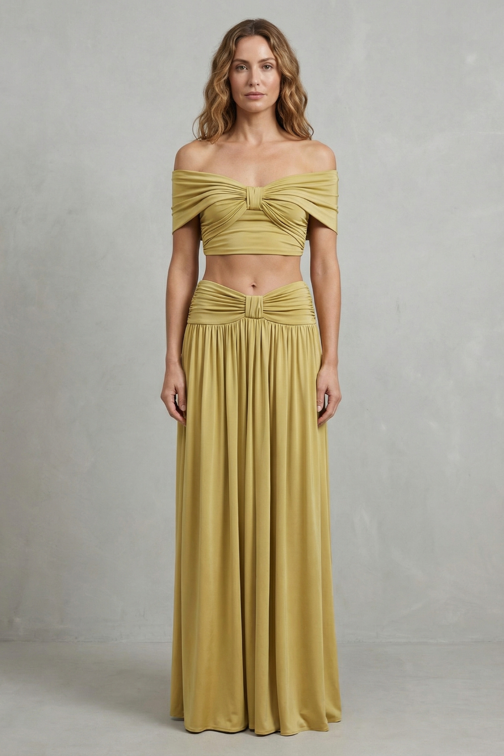 Ramona – Golden glow – Women’s Off-Shoulder Ruched Skirt Set