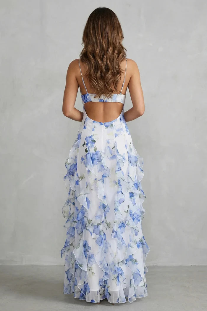 Sestina – Sheer floral cascade – Ruffled evening maxi dress