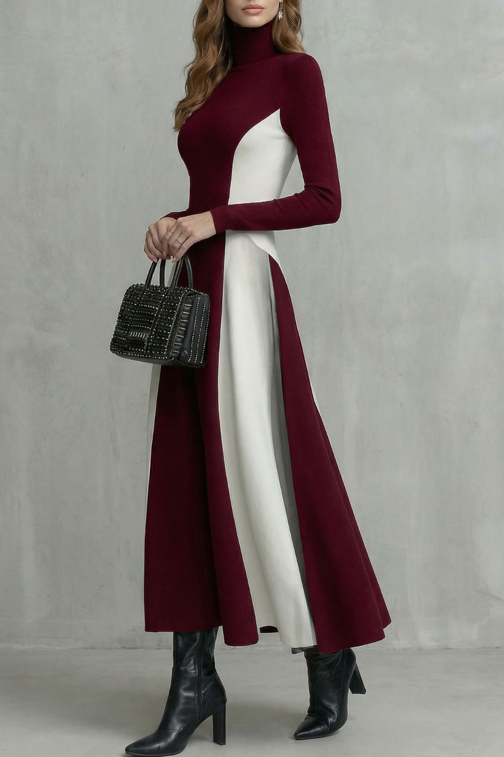 Mariveille – Sculpted contrast flow – Turtleneck dress