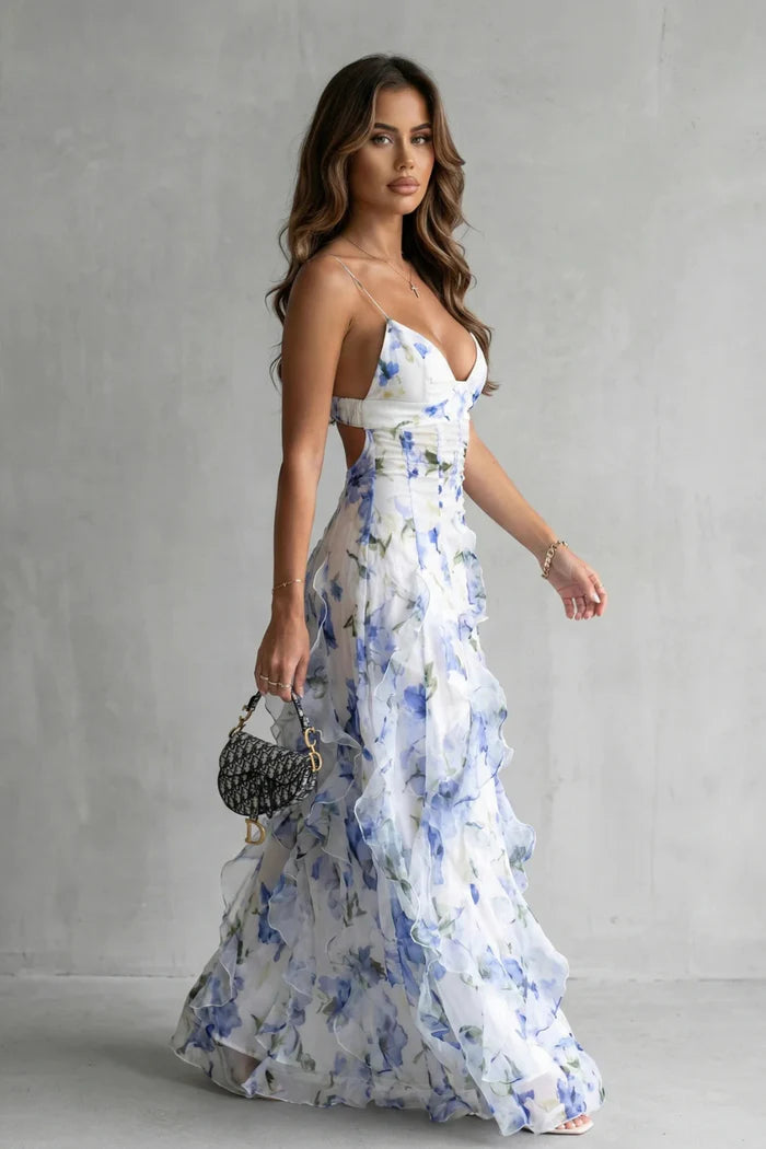 Sestina – Sheer floral cascade – Ruffled evening maxi dress