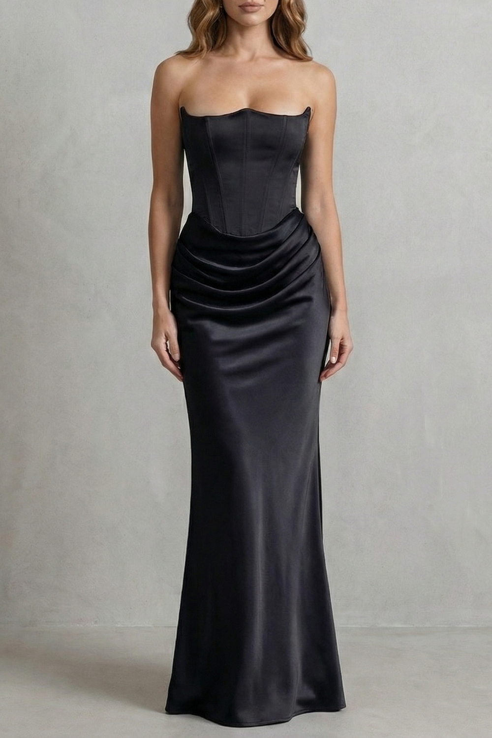 Evelisse – Sculpted satin drape – Strapless corset maxi dress