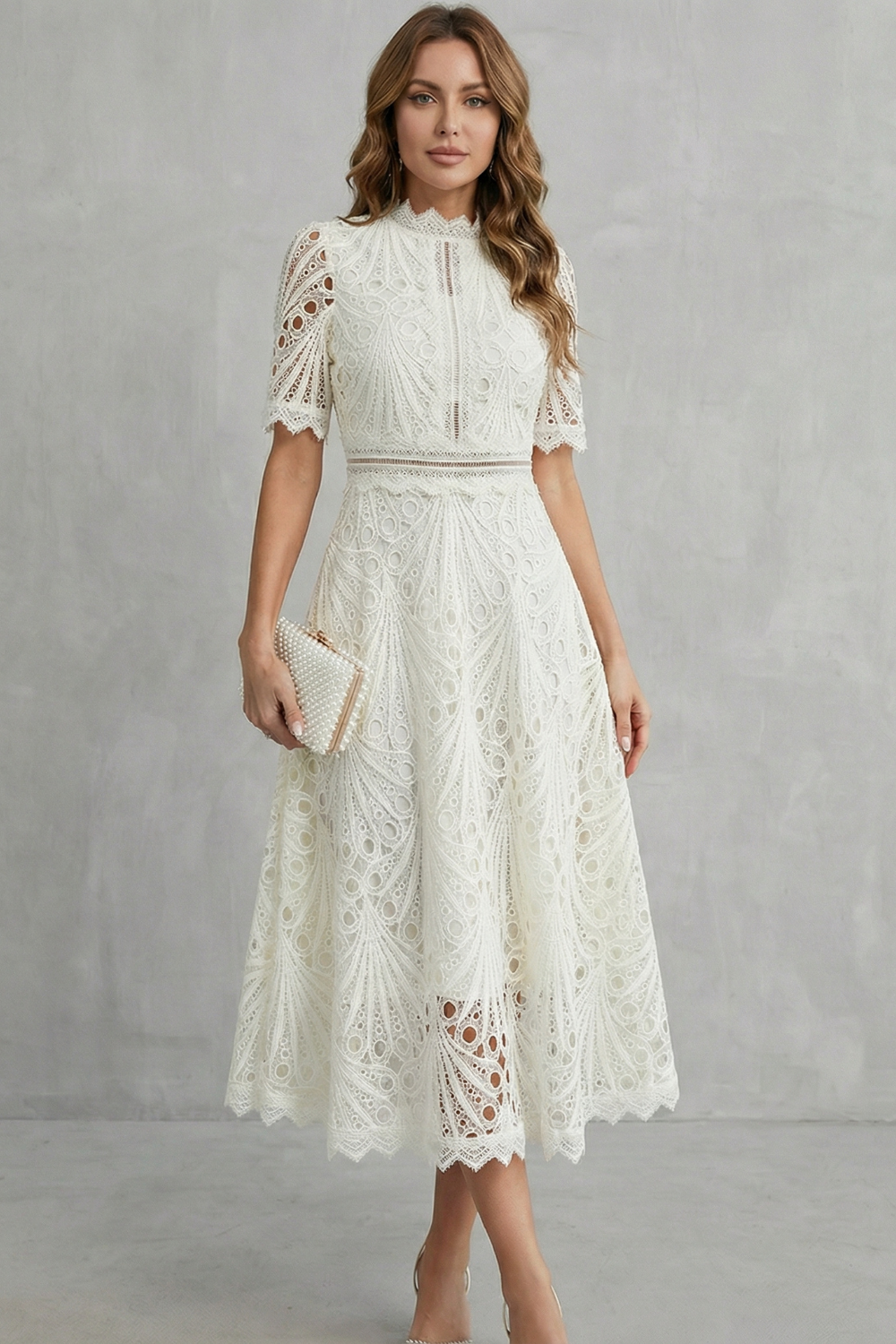 Charlisse – Ornate lace refinement – High-neck midi dress
