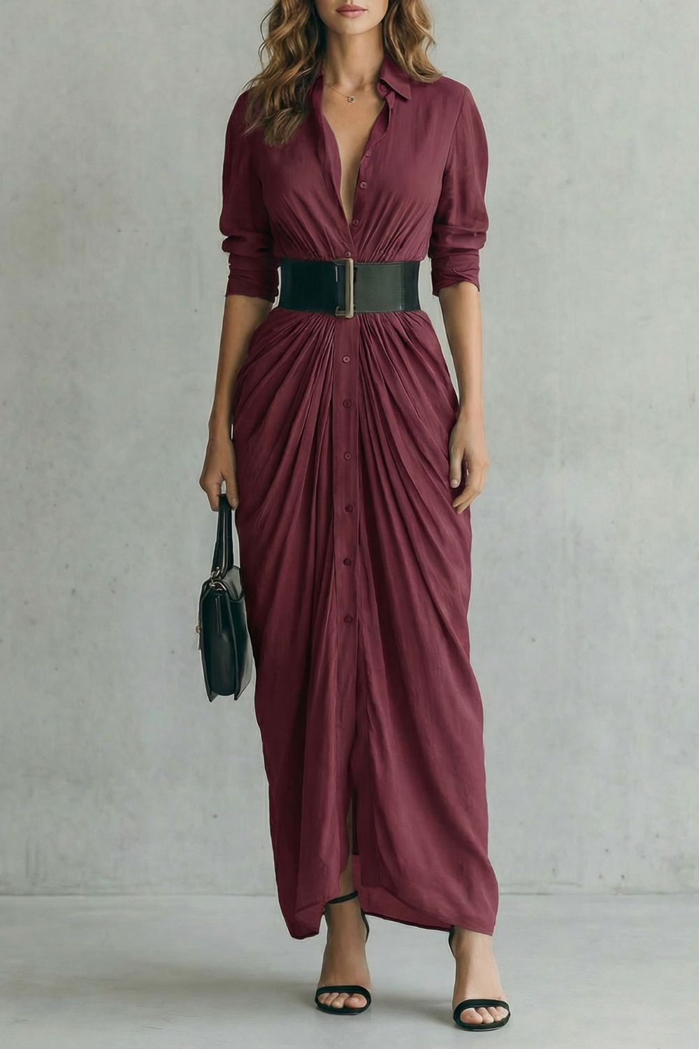 Solenzia – Pleated waist drama – Maxi shirt dress (includes belt)