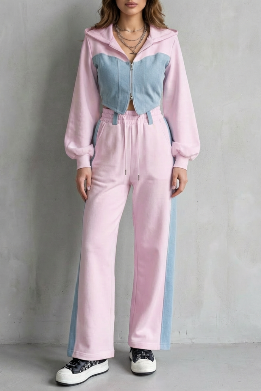 Arlo – Denim Splice – Two-Piece Hoodie & Sweatpant Set