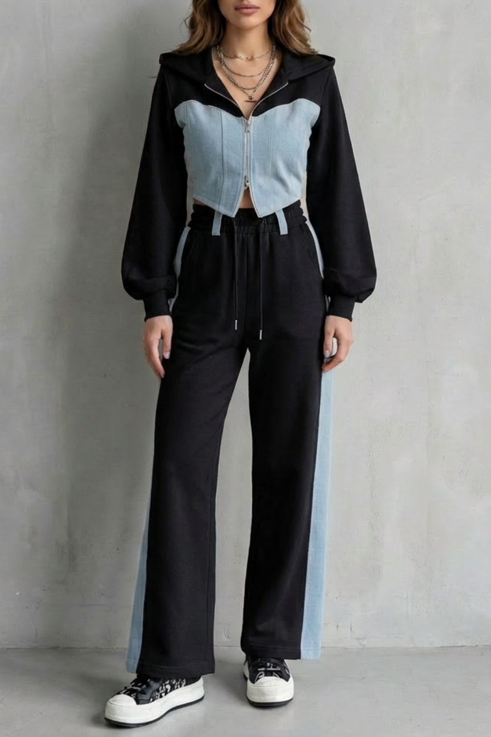 Arlo – Denim Splice – Two-Piece Hoodie & Sweatpant Set