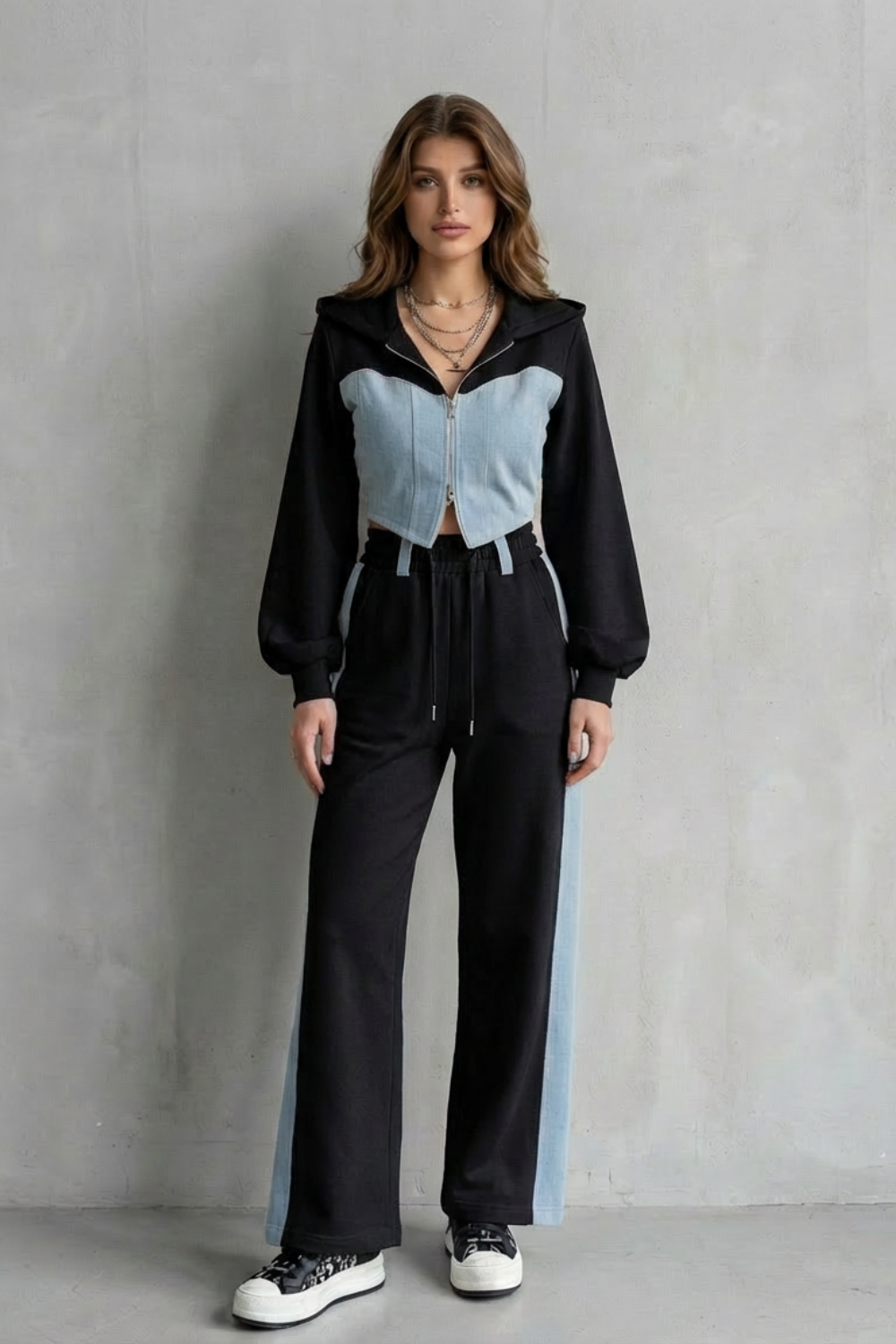 Arlo – Denim Splice – Two-Piece Hoodie & Sweatpant Set