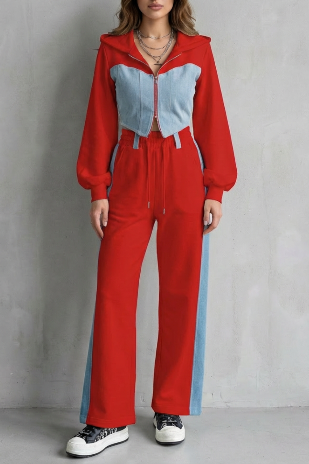 Arlo – Denim Splice – Two-Piece Hoodie & Sweatpant Set