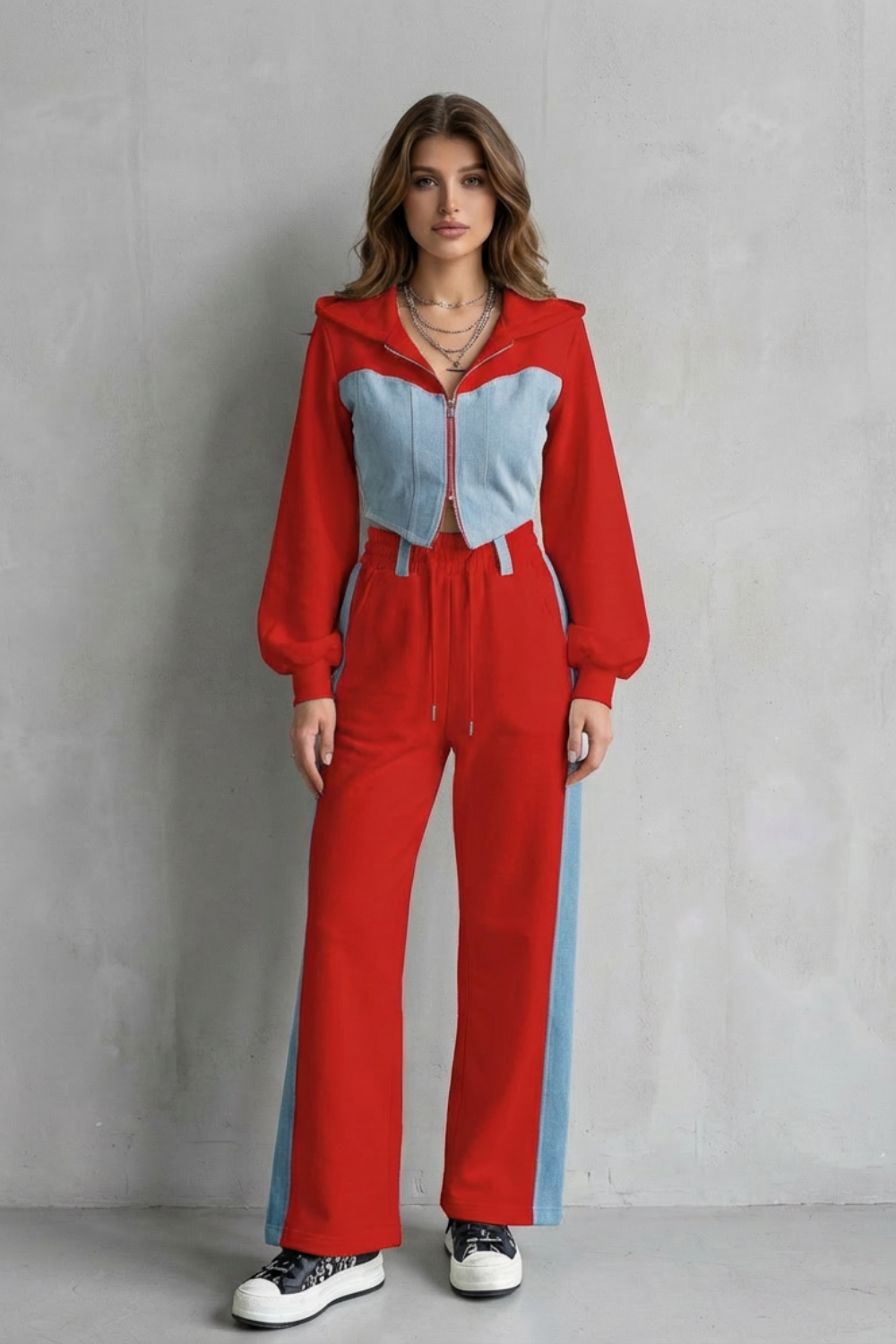 Arlo – Denim Splice – Two-Piece Hoodie & Sweatpant Set