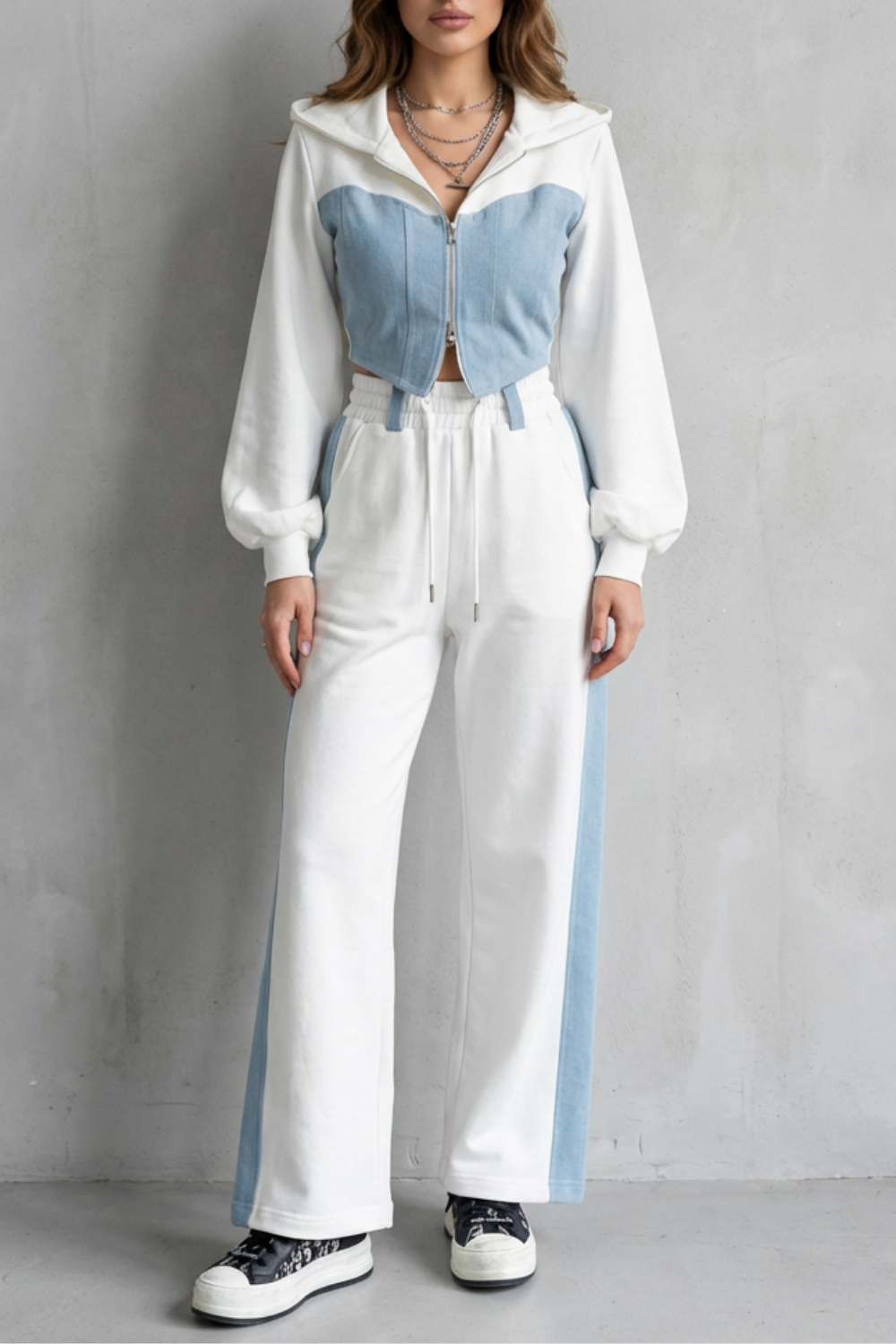 Arlo – Denim Splice – Two-Piece Hoodie & Sweatpant Set