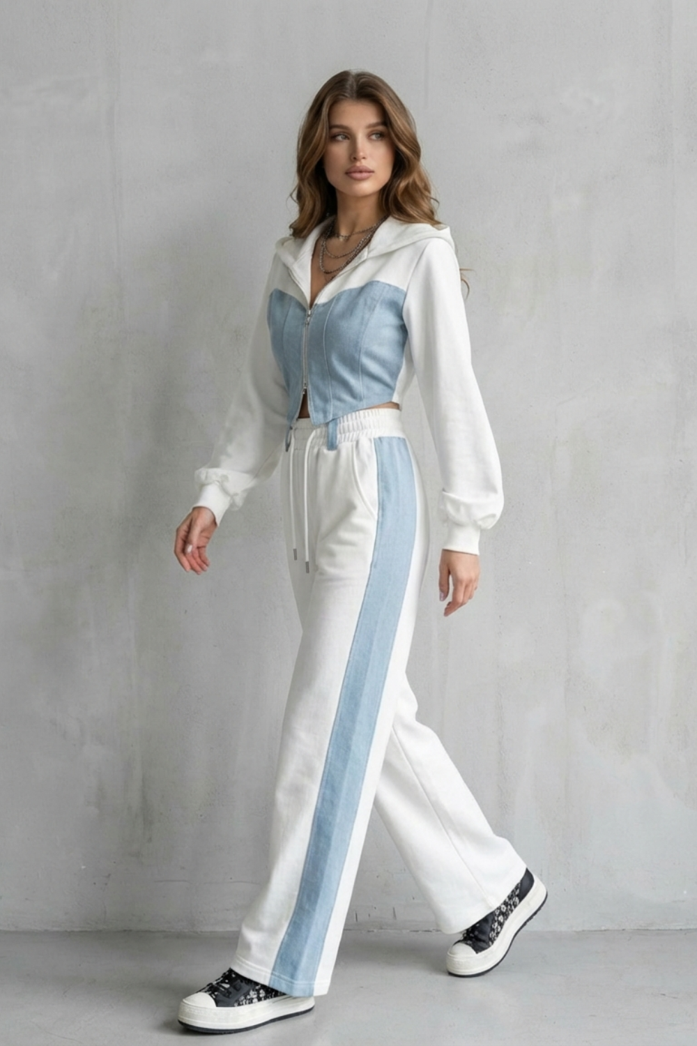 Arlo – Denim Splice – Two-Piece Hoodie & Sweatpant Set