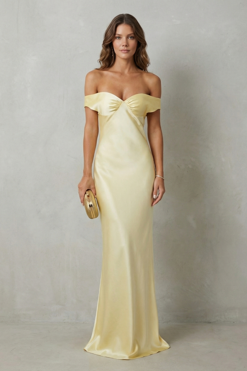 Auréliane – Golden hour elegance – Off-shoulder satin evening gown