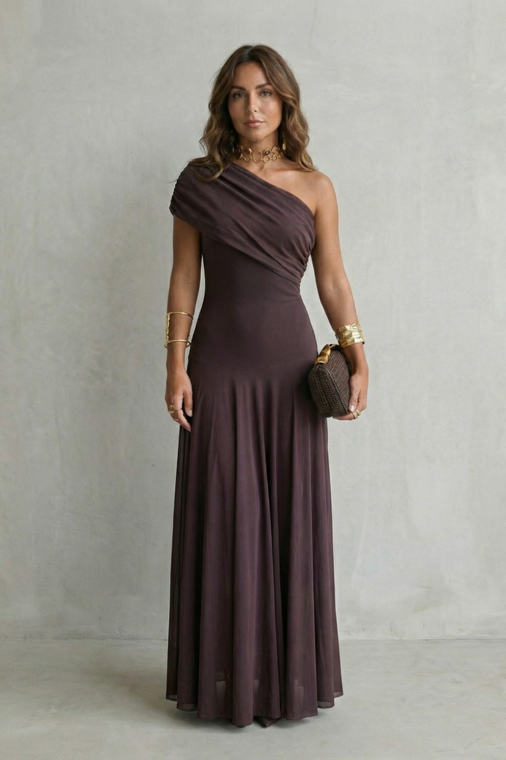 Bellamare Elegant draped neckline One shoulder maxi dress Bellamare Elegant draped neckline One shoulder maxi dress