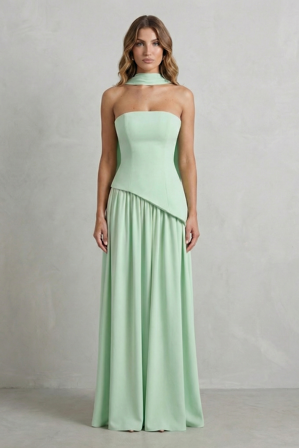 drape waist maxi dress Peach Strapless Drape Maxi Dress