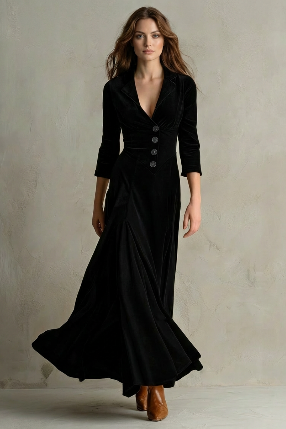 Celeste – Vintage Velvet Long Dress – Elegant Buttoned Swing Skirt wit