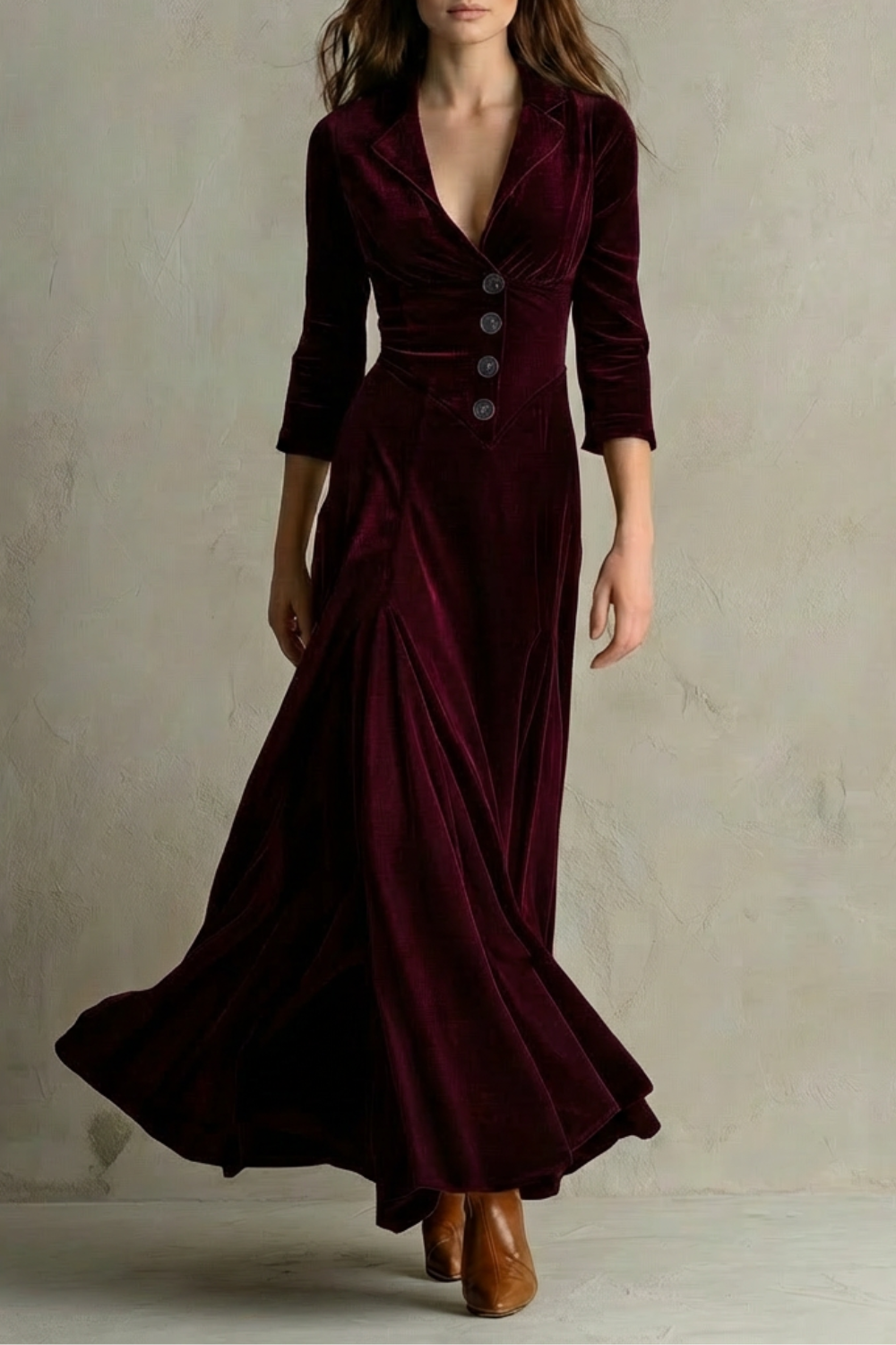 Celeste – Vintage Velvet Long Dress – Elegant Buttoned Swing Skirt wit
