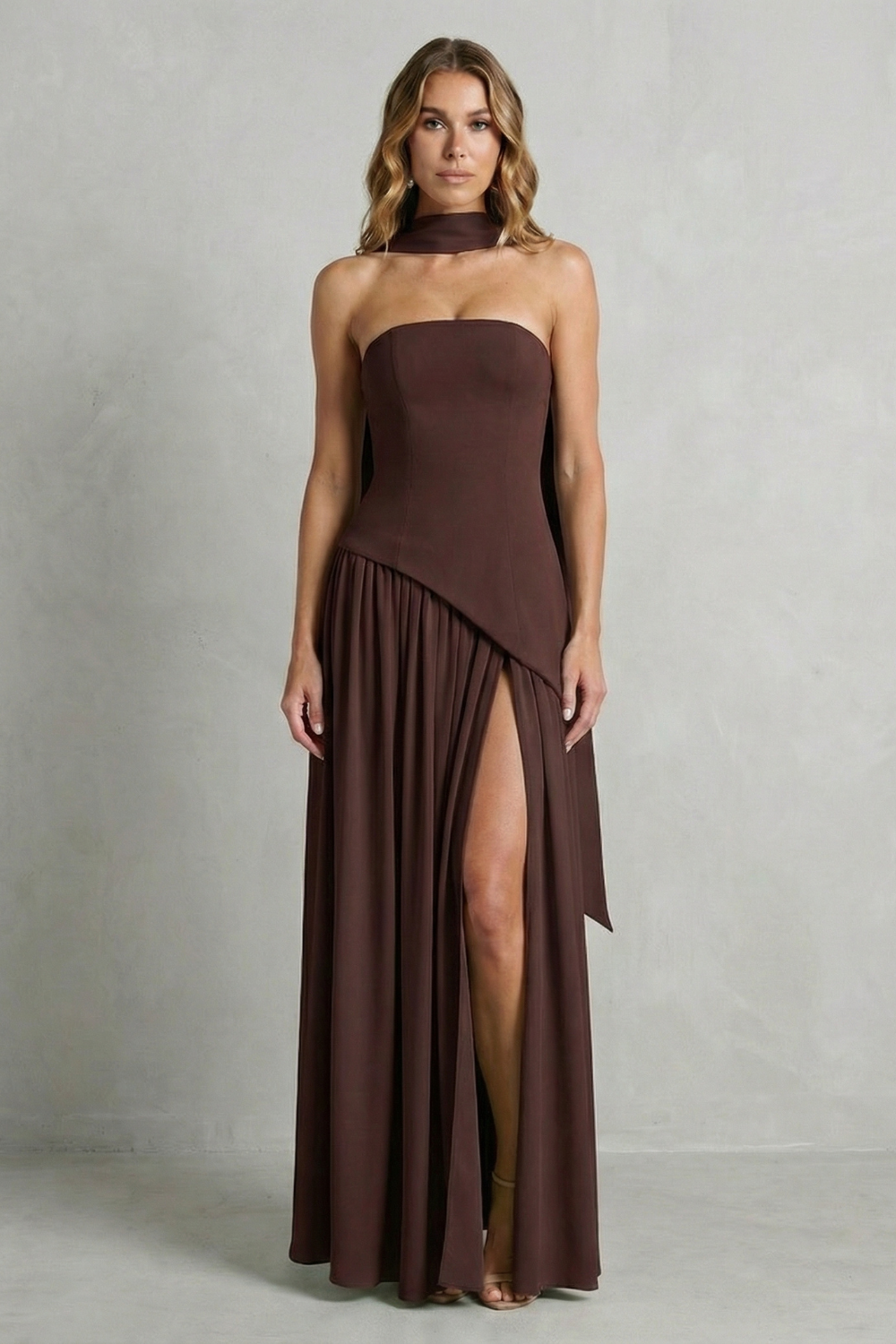 Elarisse – Asymmetric drape accent – Strapless formal gown