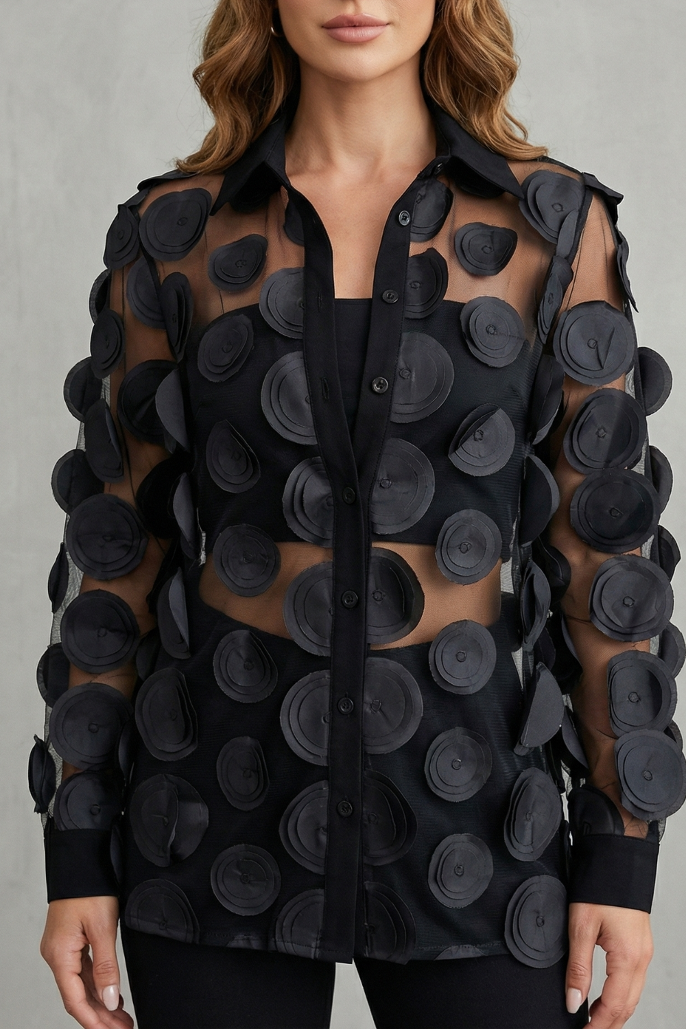 Floréline – Sheer floral appliqué design – Mesh blouse