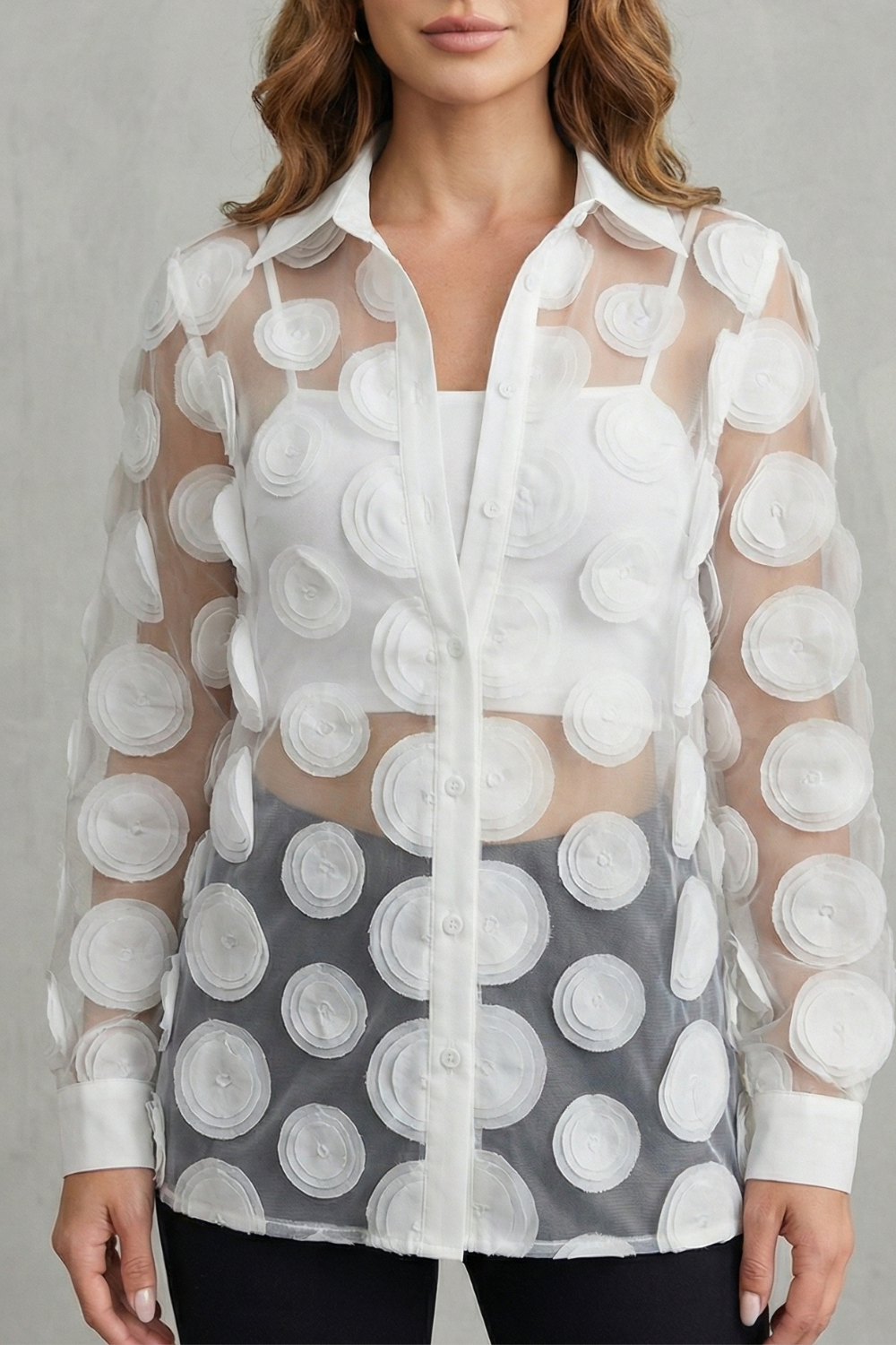 Floréline – Sheer floral appliqué design – Mesh blouse