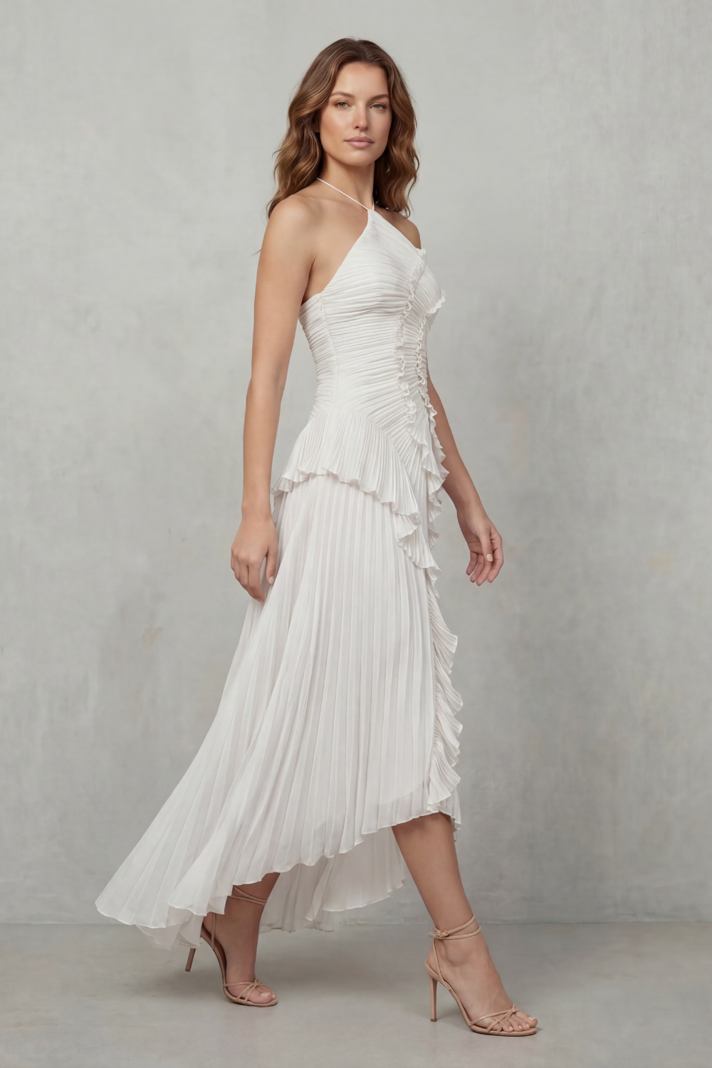 Sculpted pleats – One-shoulder midi dress