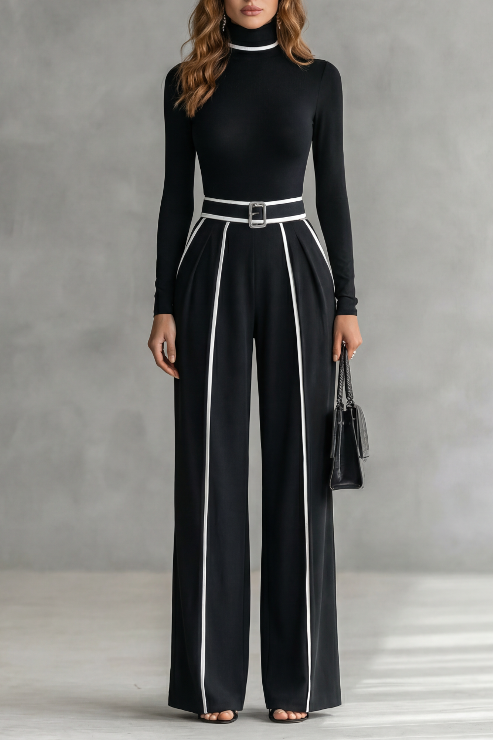 Lunaira – Contrast piping detail – High-neck jumpsuit