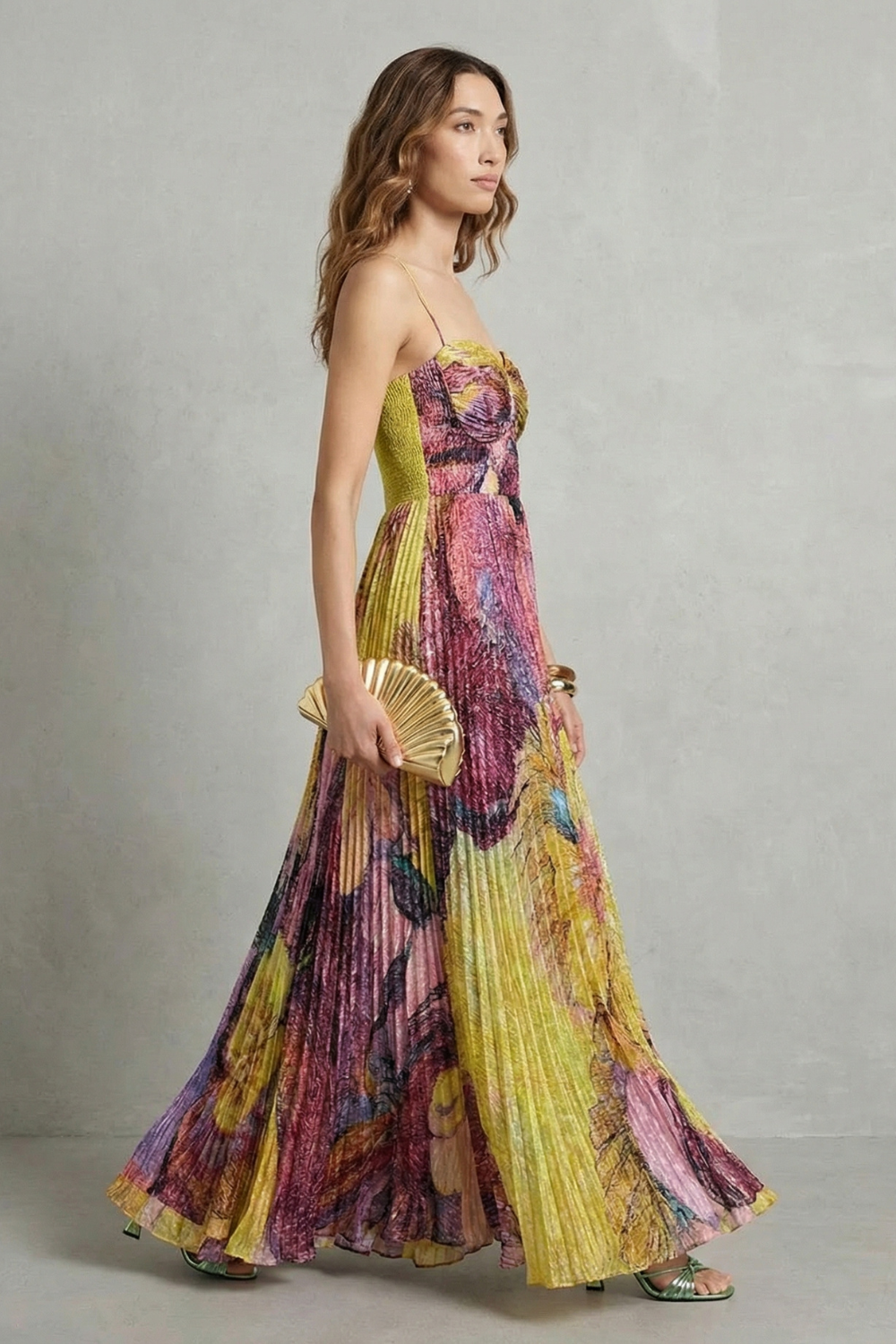 Lunézia – Watercolor floral pleats – Flowing maxi dress