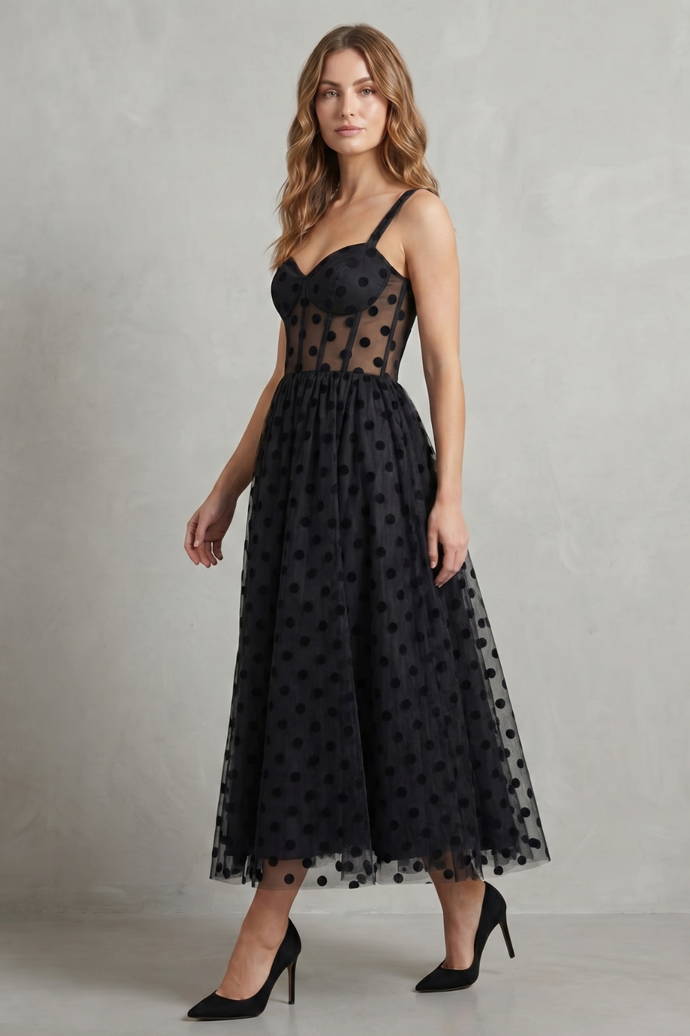 spotty mesh dress Noirabelle – Polka dot mesh elegance – Midi dress