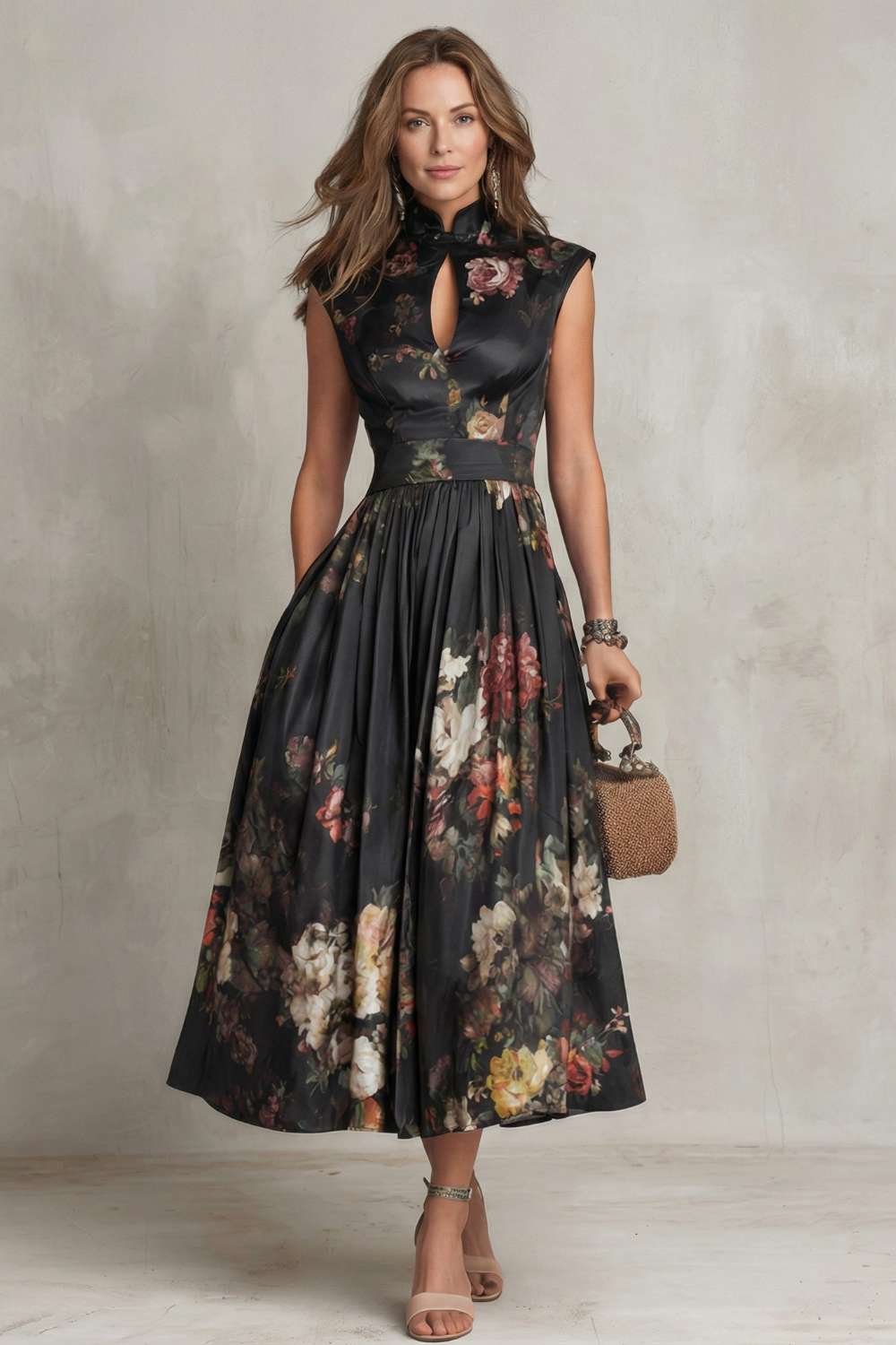 Noirelle Vintage floral elegance Midi dress - Black / XS Noirelle Vintage floral elegance Midi dress - Black / XS