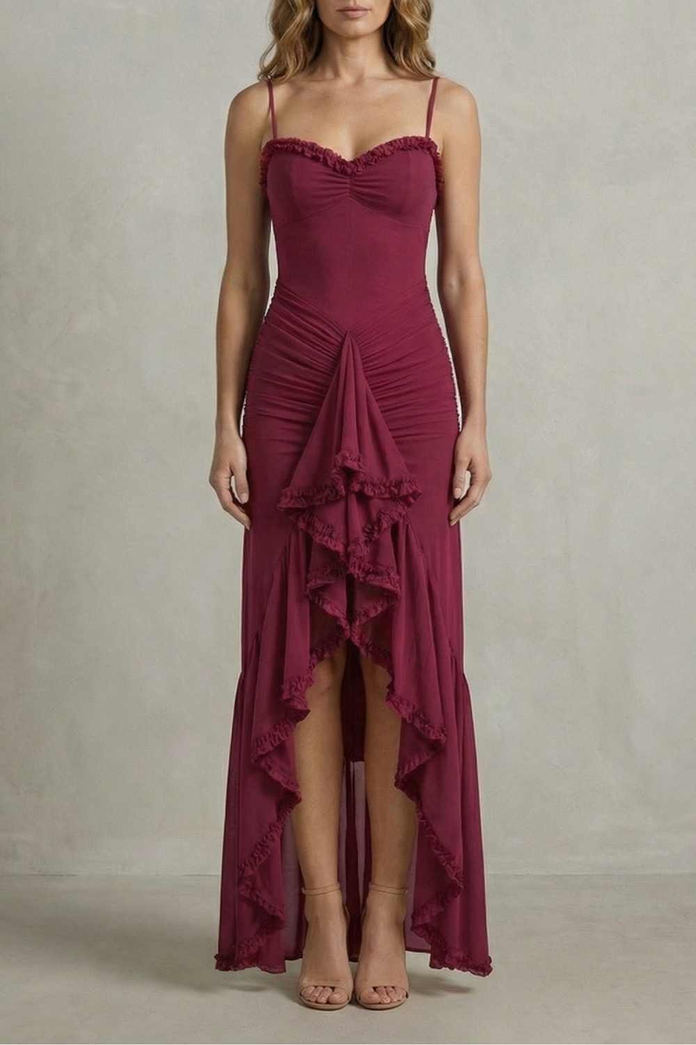 Phoebe – Feminine ruffle allure – Sleeveless high low maxi dress
