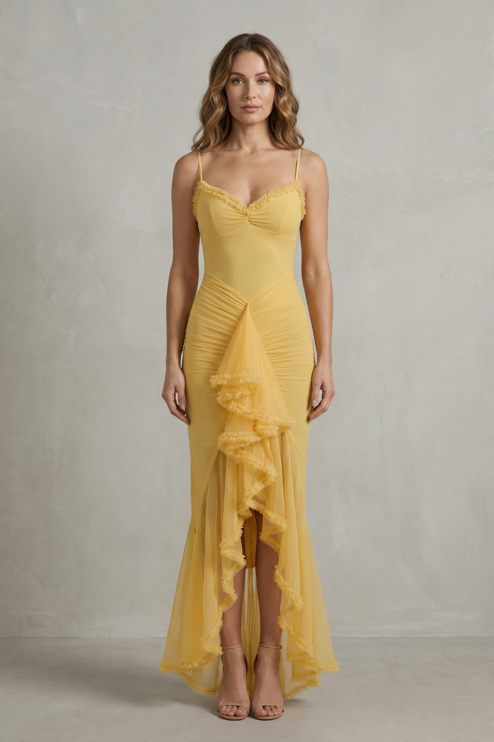 Phoebe – Feminine ruffle allure – Sleeveless high low maxi dress