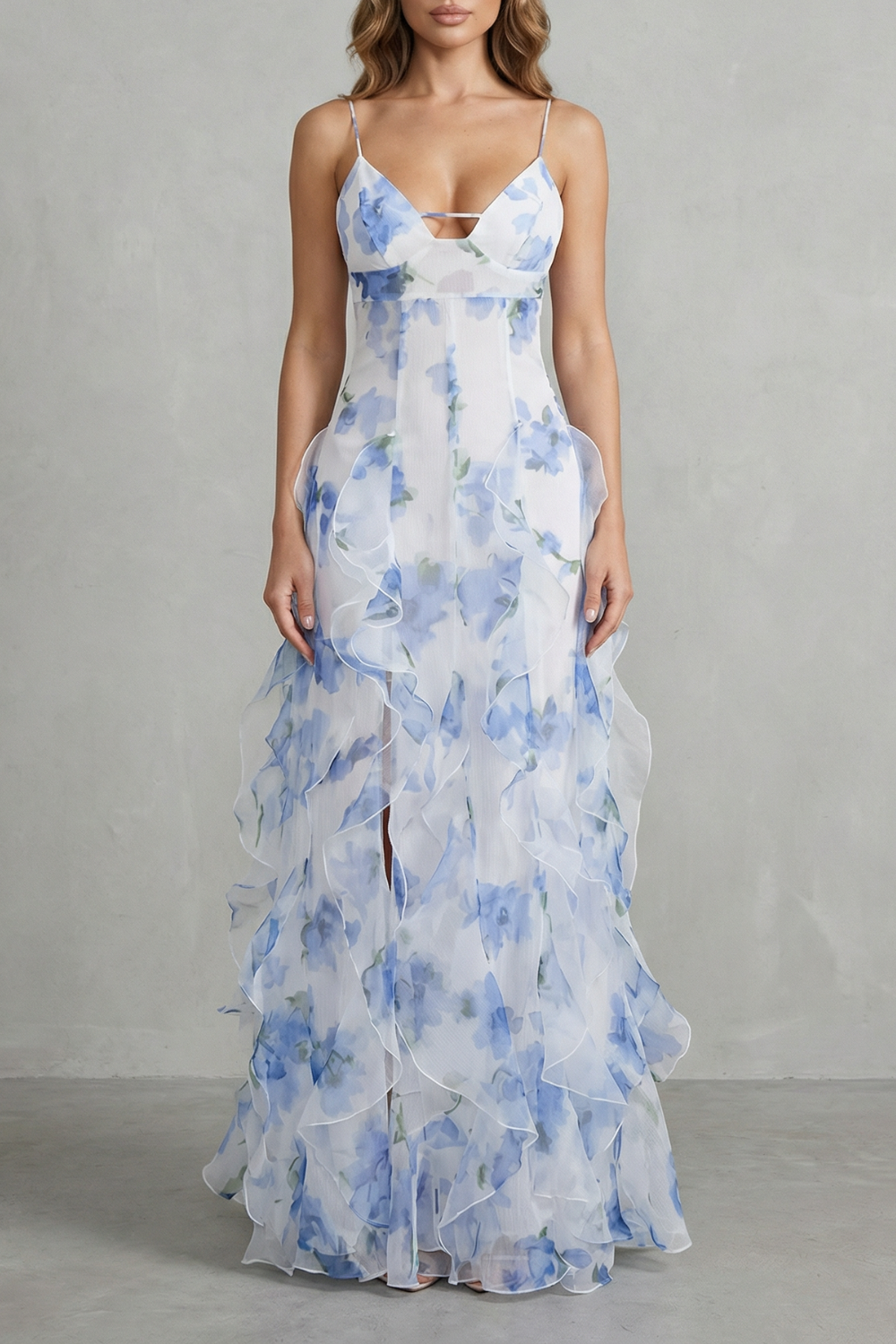 Sestina – Sheer floral cascade – Ruffled evening maxi dress