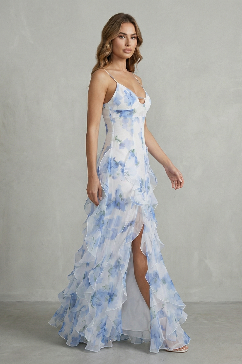 Sestina – Sheer floral cascade – Ruffled evening maxi dress