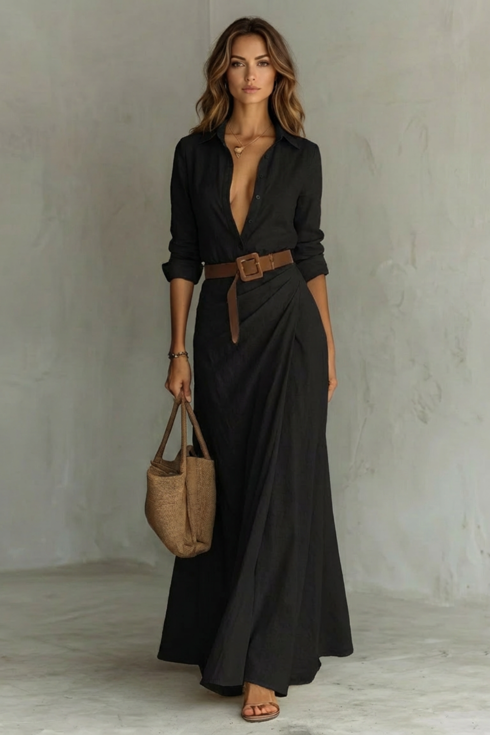 Sienna – Elegant Pleated Belted Dress – Autumn Solid Color Long Shirt Sienna – Elegant Pleated Belted Dress – Autumn Solid Color Long Shirt