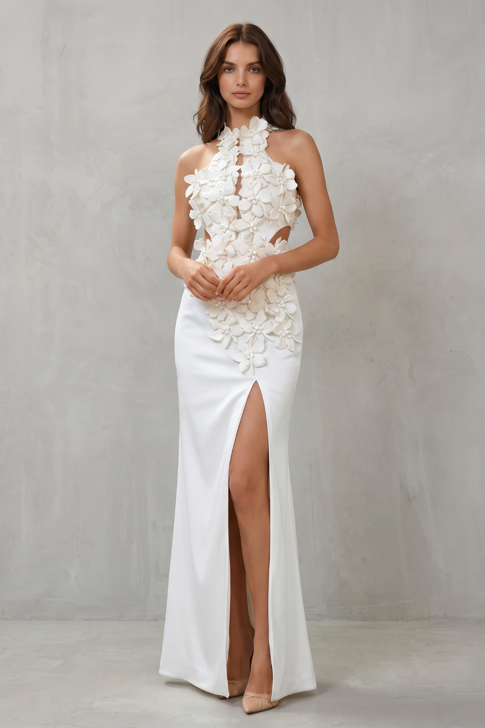 Una – Ethereal bloom – Women’s Halter Neck Flower Split Maxi Dress