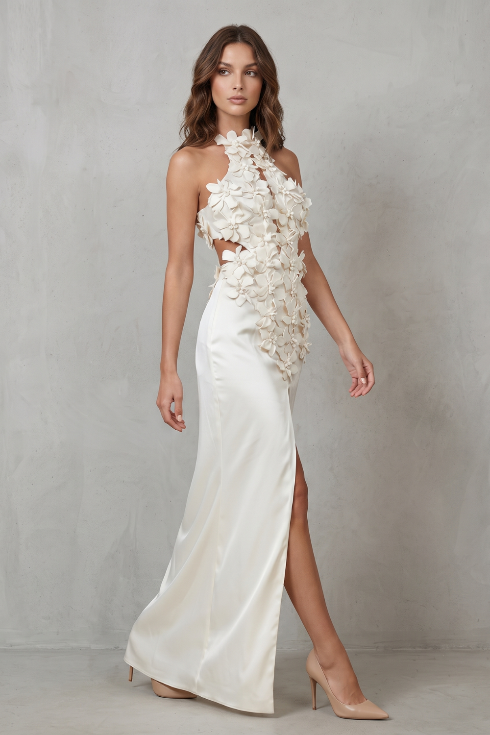 Una – Ethereal bloom – Women’s Halter Neck Flower Split Maxi Dress