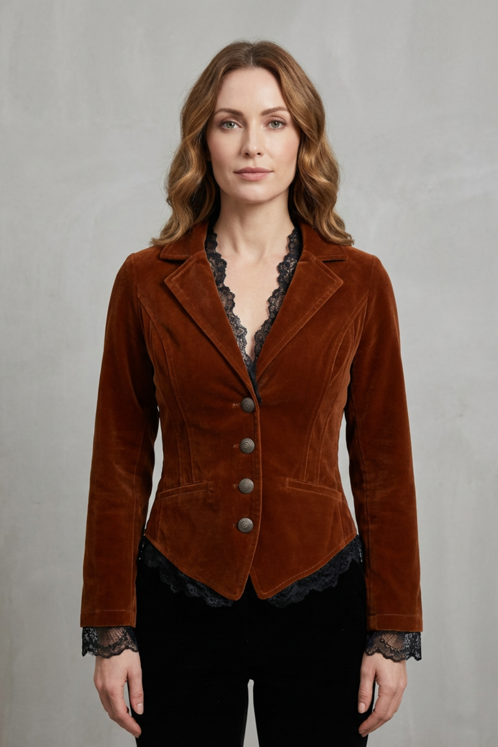 Valdrienne – Tailored lace accent – Velvet blazer