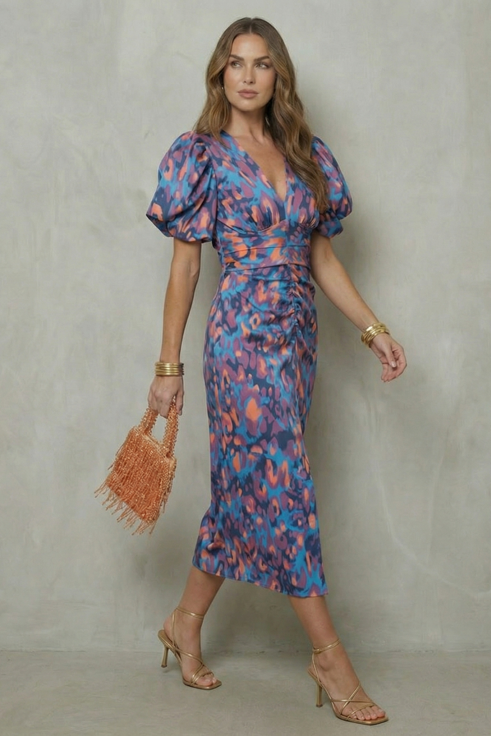 Valerissa – Bold abstract statement – Puff sleeve midi dress