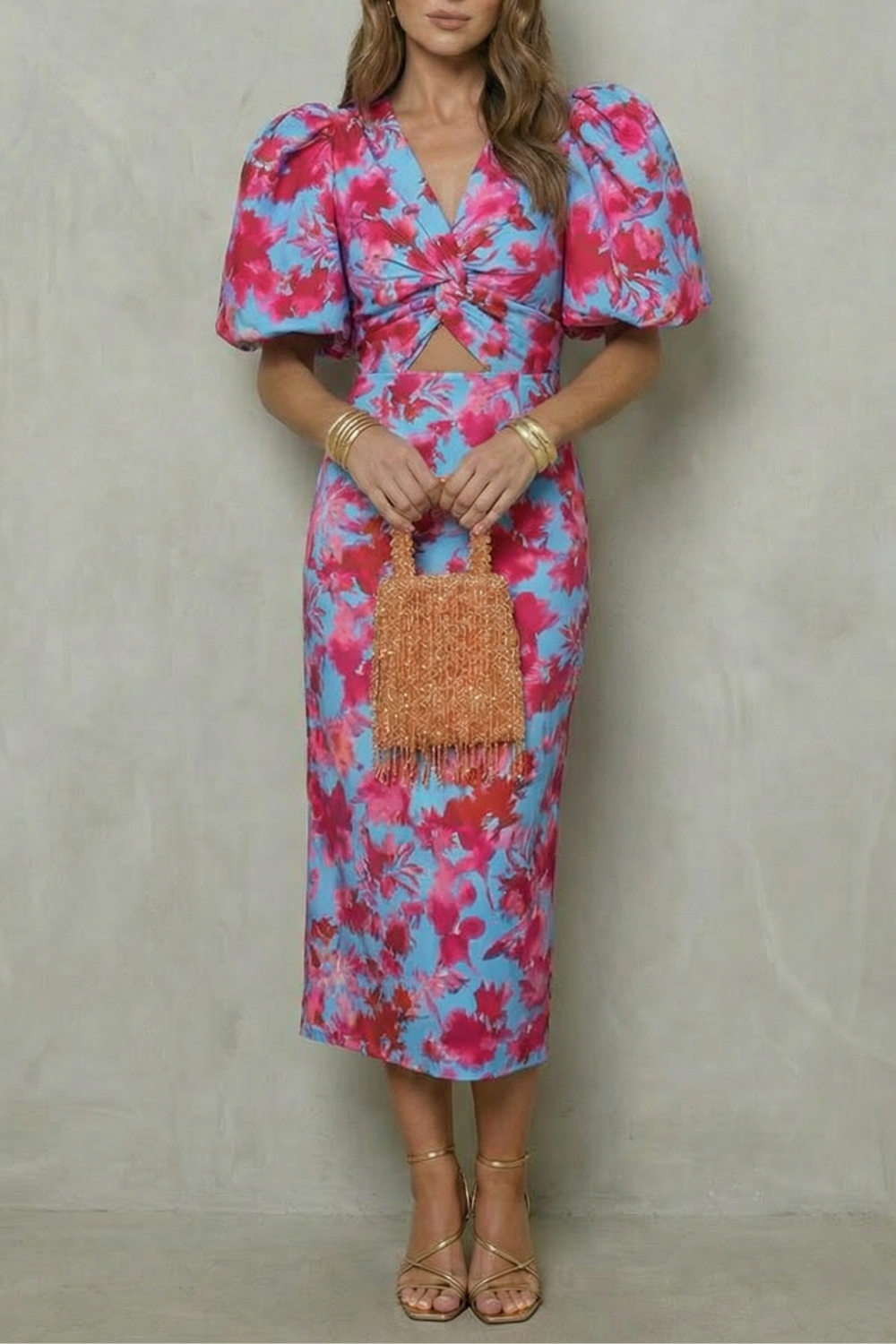 Valerissa – Bold abstract statement – Puff sleeve midi dress