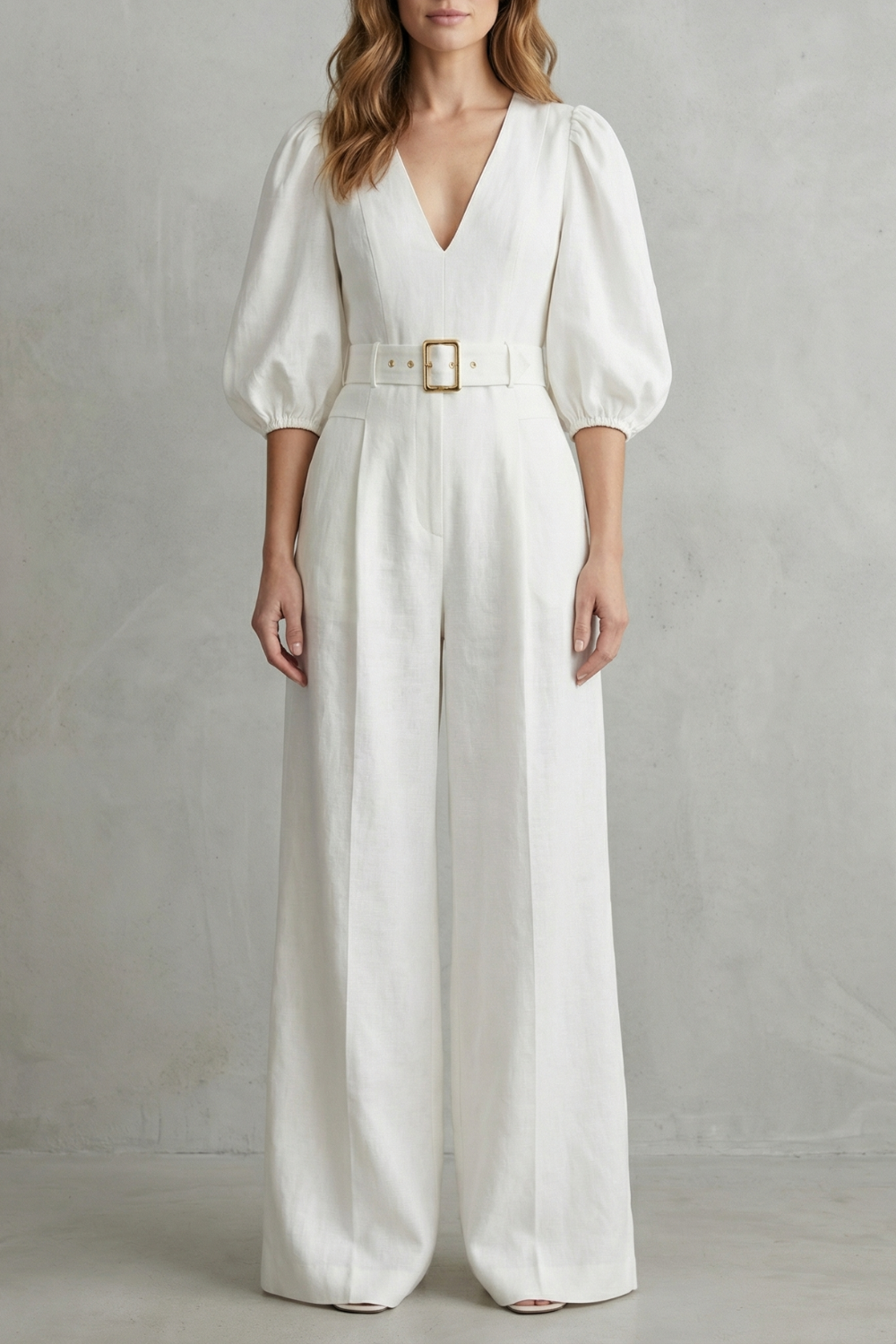 Velmora – Elegant belted puff sleeve – Wide leg jumpsuit