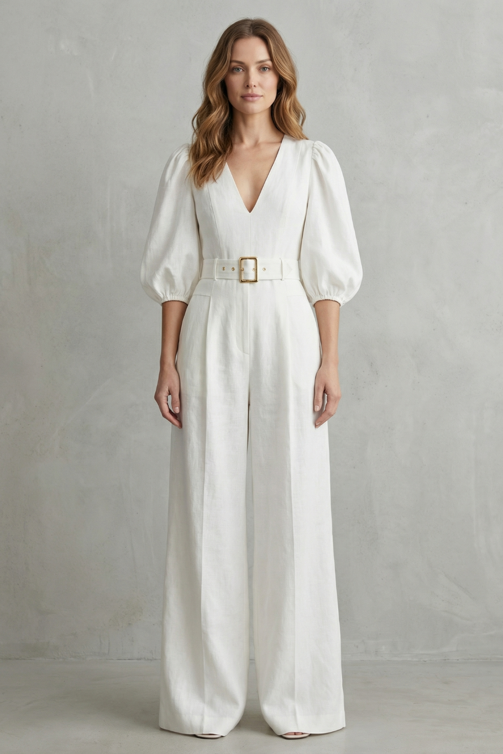 Velmora – Elegant belted puff sleeve – Wide leg jumpsuit
