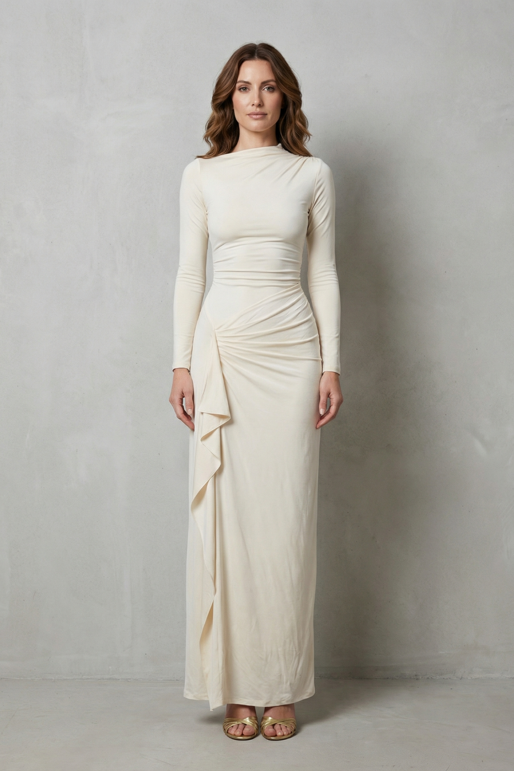 Veneta – Sculpted side drape – Long sleeve maxi gown