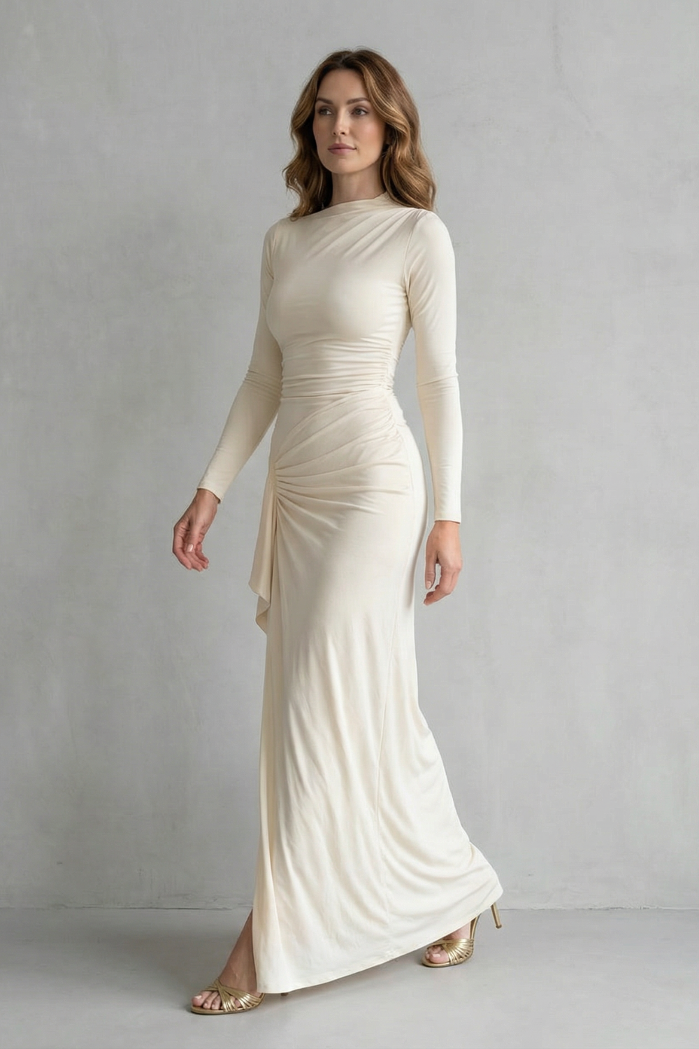 Veneta – Sculpted side drape – Long sleeve maxi gown