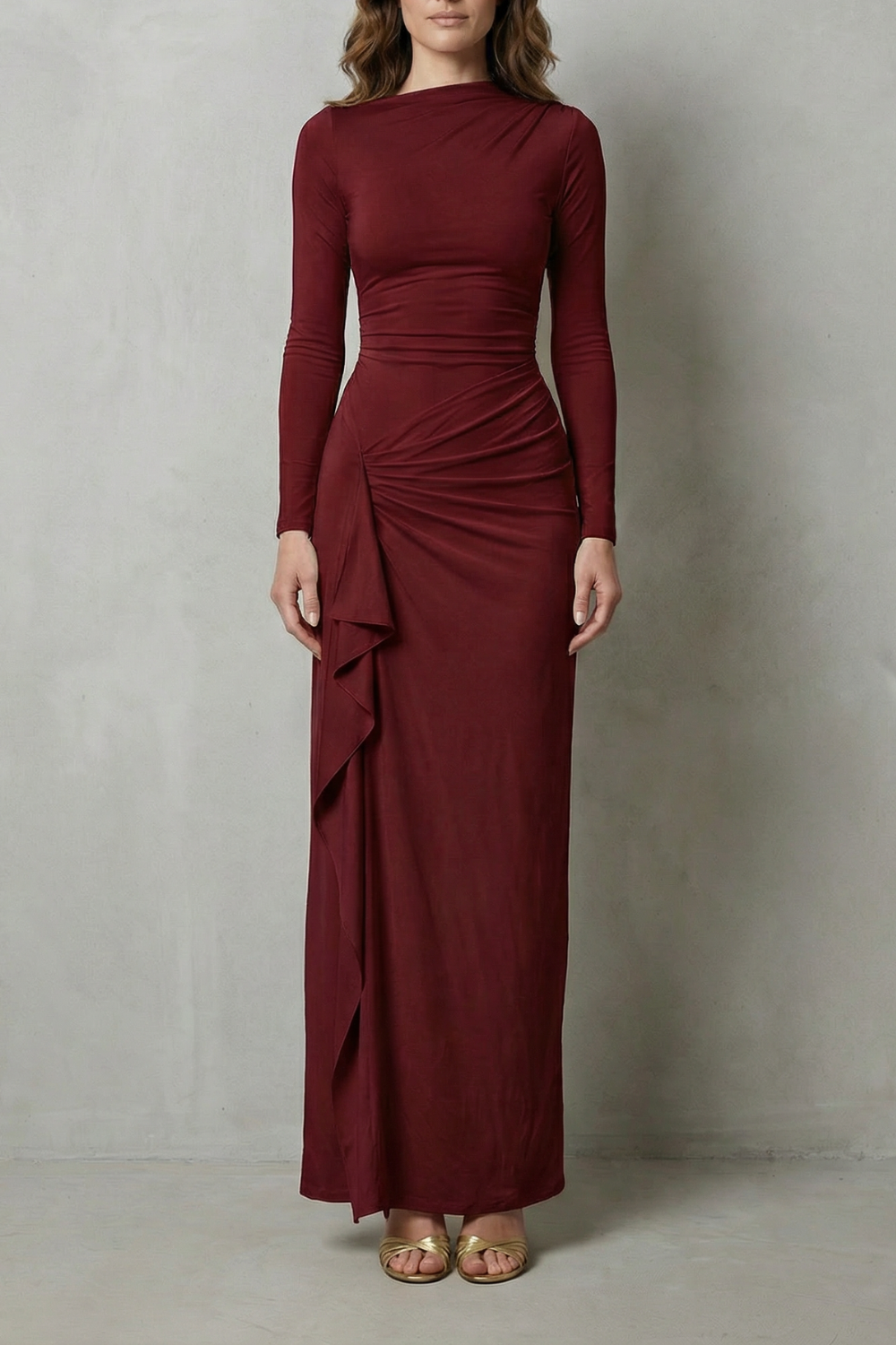 Veneta – Sculpted side drape – Long sleeve maxi gown