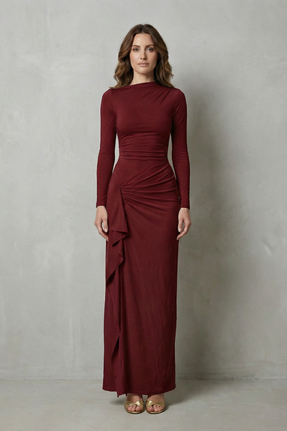 Veneta – Sculpted side drape – Long sleeve maxi gown