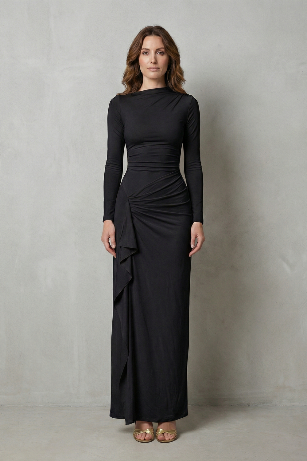 Veneta – Sculpted side drape – Long sleeve maxi gown