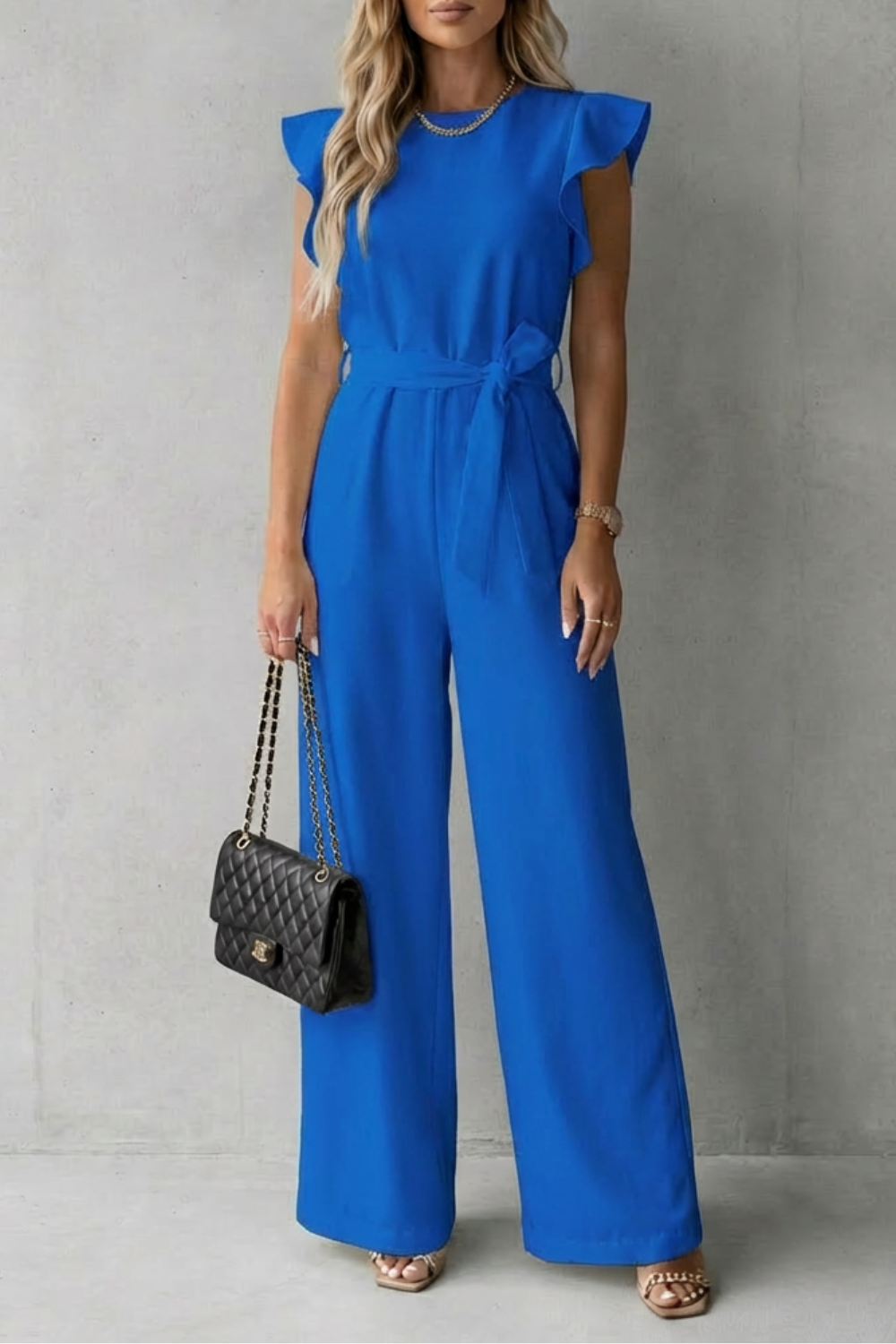 Virelle – Ruffle sleeve belted – Wide-leg jumpsuit